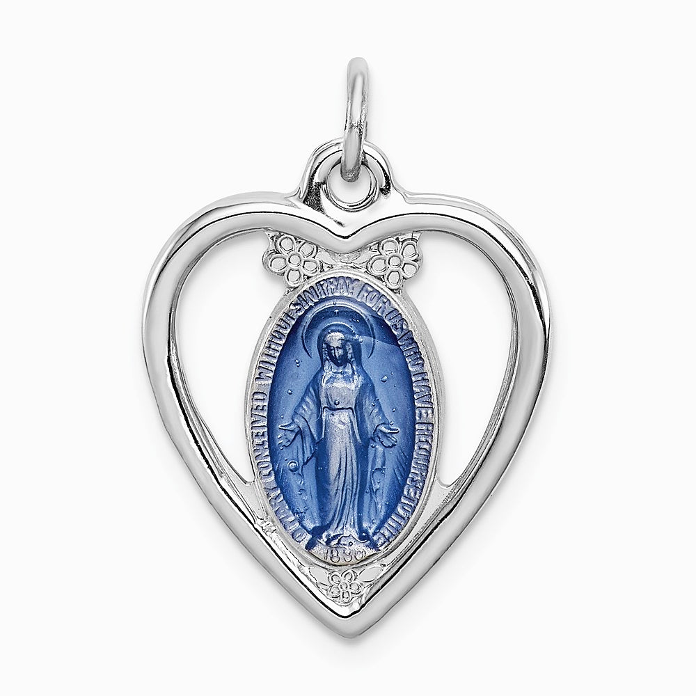 Sterling Silver Platinum-plated Miraculous Heart Medal - Product Photo