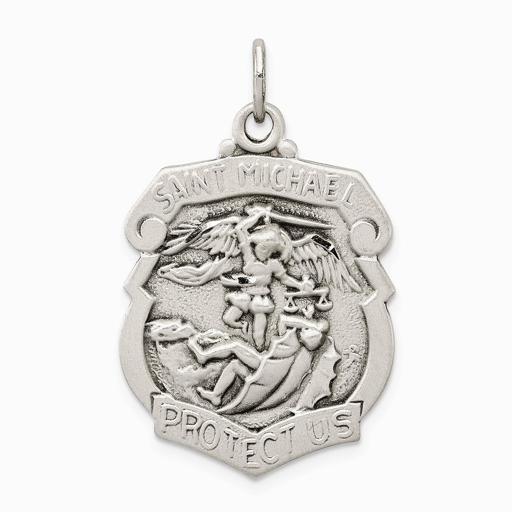 Sterling Silver Antiqued Diamond-Cut St. Michael Badge Medal - Product Photo