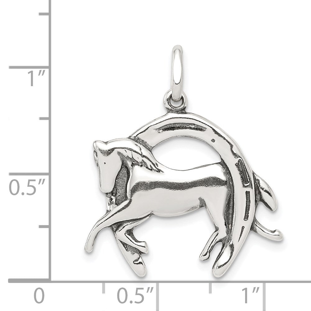 Sterling Silver Antiqued Horse in Horseshoe Charm - Product Photo