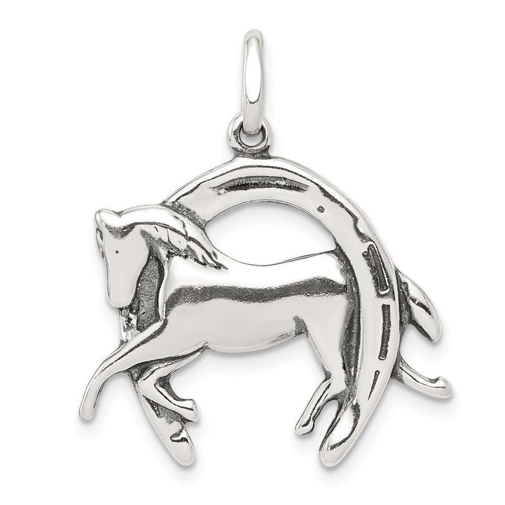 Sterling Silver Antiqued Horse in Horseshoe Charm - Product Photo