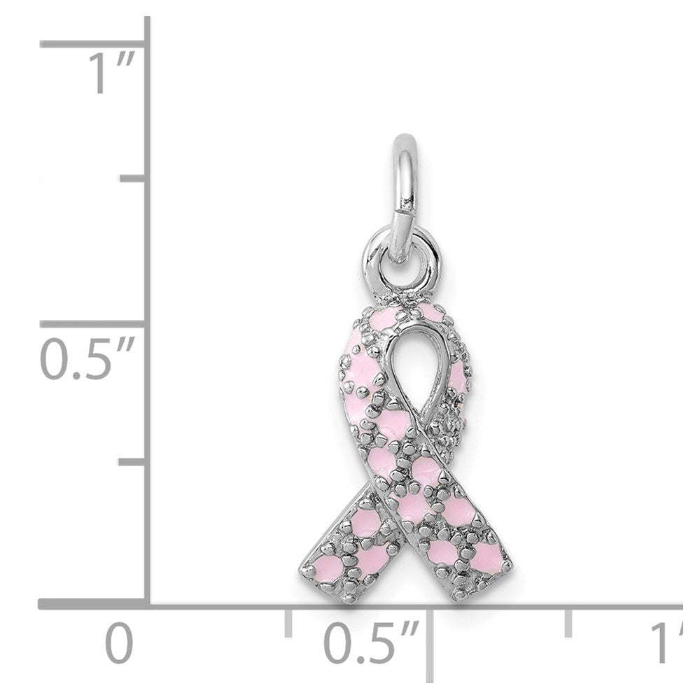 Sterling Silver Rhodium-plated Enameled Pink Ribbon Charm - Product Photo