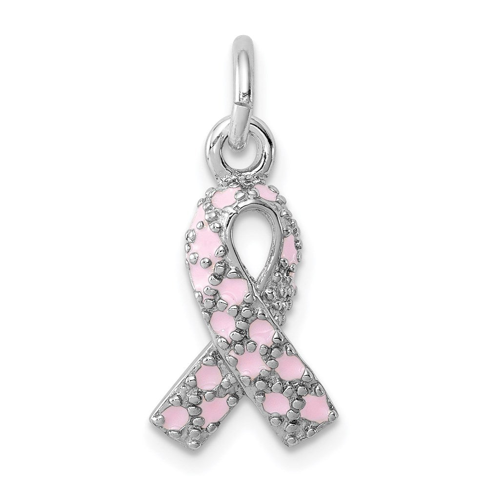 Sterling Silver Rhodium-plated Enameled Pink Ribbon Charm - Product Photo
