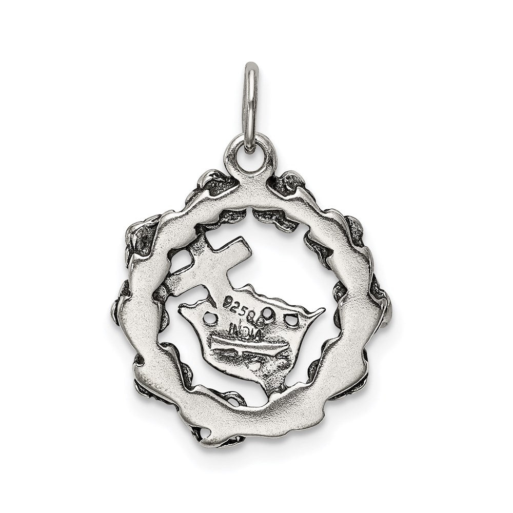 Sterling Silver Antiqued Cross, Crown & Wreath Charm - Product Photo
