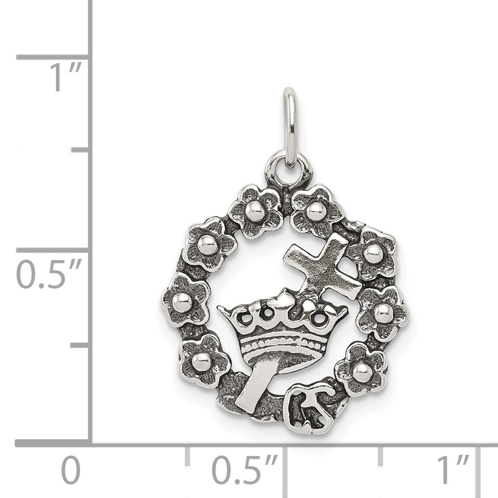 Sterling Silver Antiqued Cross, Crown & Wreath Charm - Product Photo