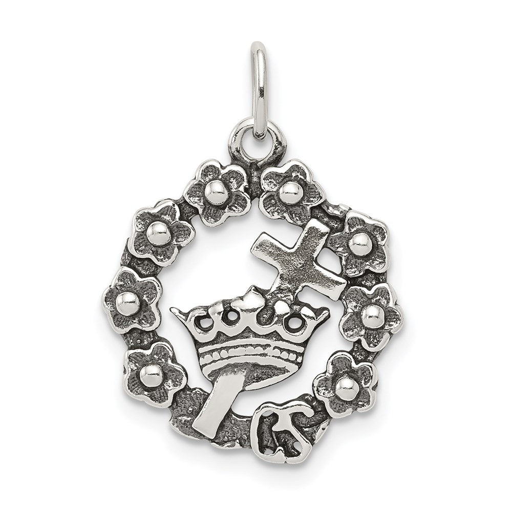 Sterling Silver Antiqued Cross, Crown & Wreath Charm - Product Photo