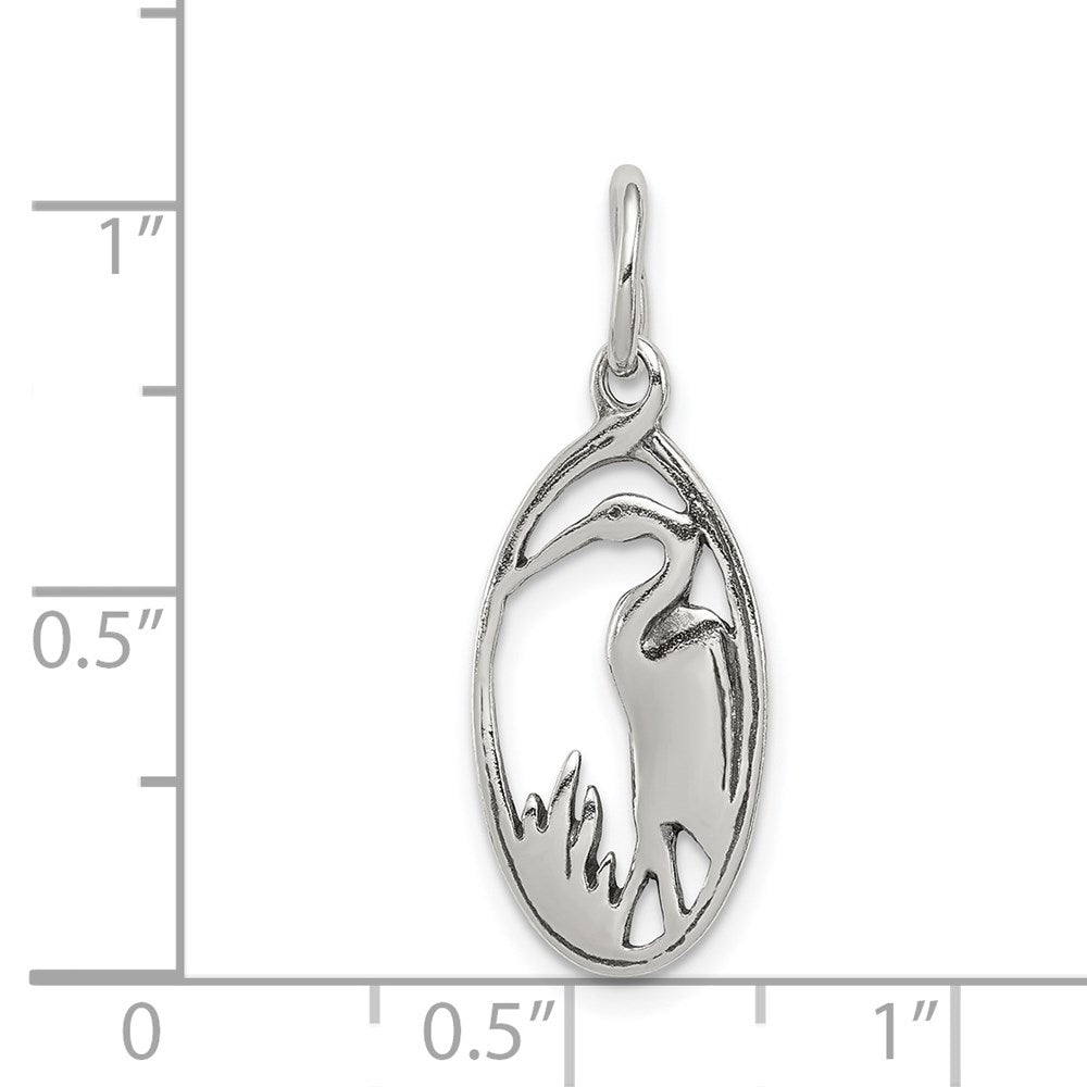 Sterling Silver Antiqued Crane in Oval Frame Charm - Product Photo