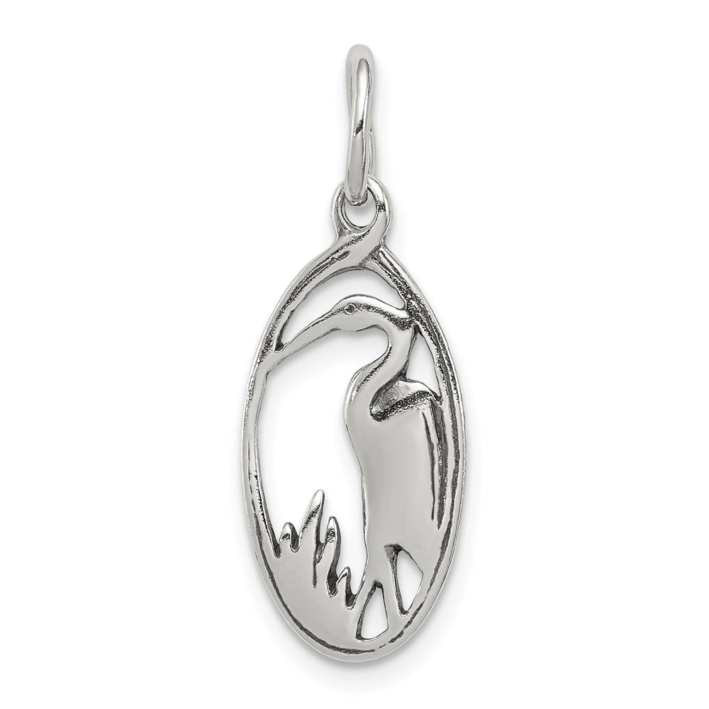 Sterling Silver Antiqued Crane in Oval Frame Charm - Product Photo