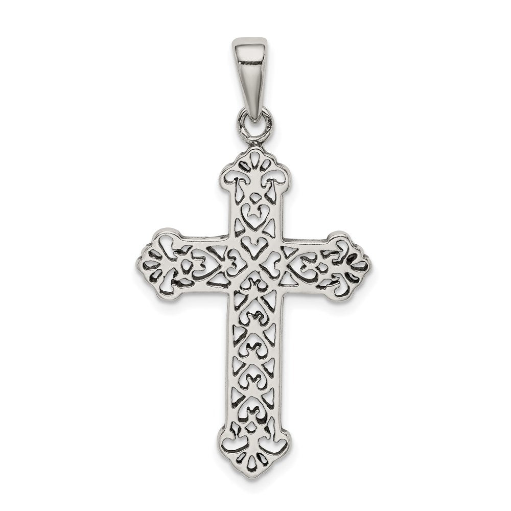 Sterling Silver Antiqued Fleur de lis Cross Pendant - Product Photo