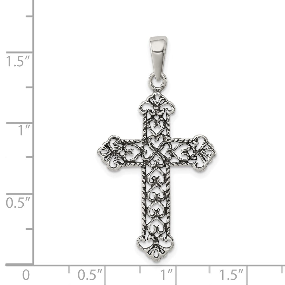 Sterling Silver Antiqued Fleur de lis Cross Pendant - Product Photo