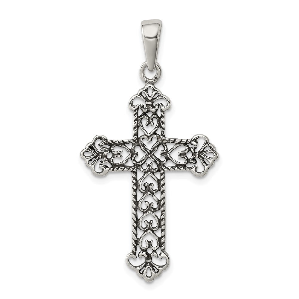 Sterling Silver Antiqued Fleur de lis Cross Pendant - Product Photo