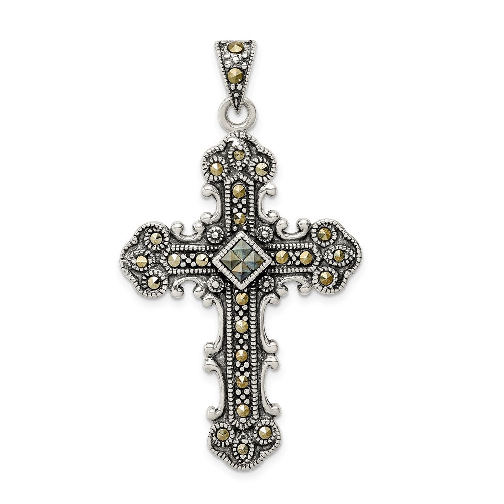Sterling Silver Antiqued Marcasite Cross Pendant - Product Photo