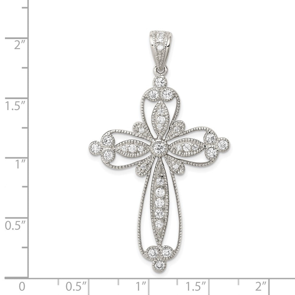 Sterling Silver Rhodium-plated CZ Filigree Cross Pendant - Product Photo