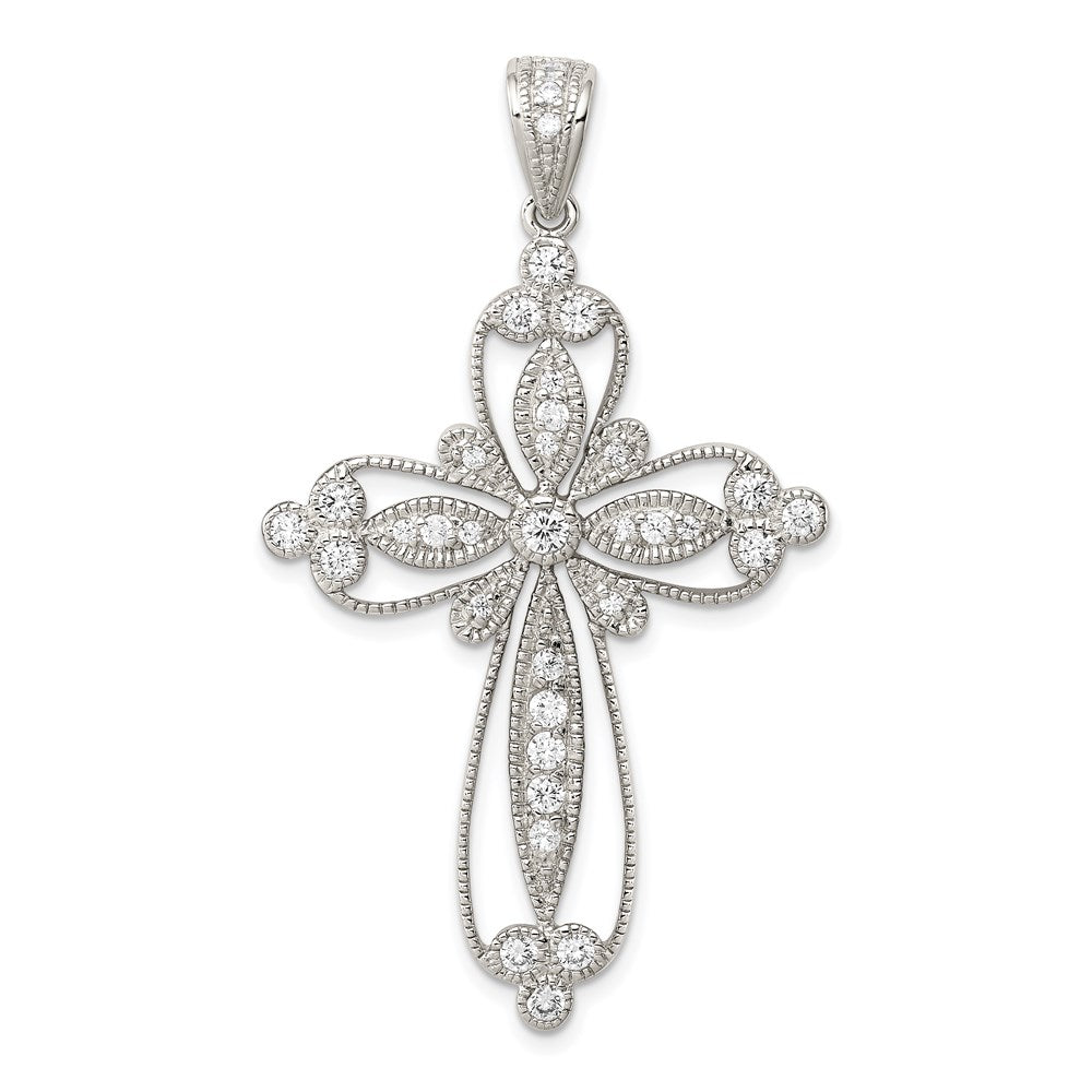 Sterling Silver Rhodium-plated CZ Filigree Cross Pendant - Product Photo