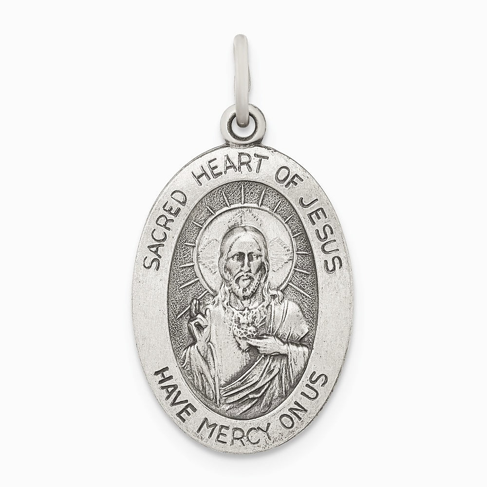 Sterling Silver Antiqued Sacred Heart of Jesus Medal - Product Photo