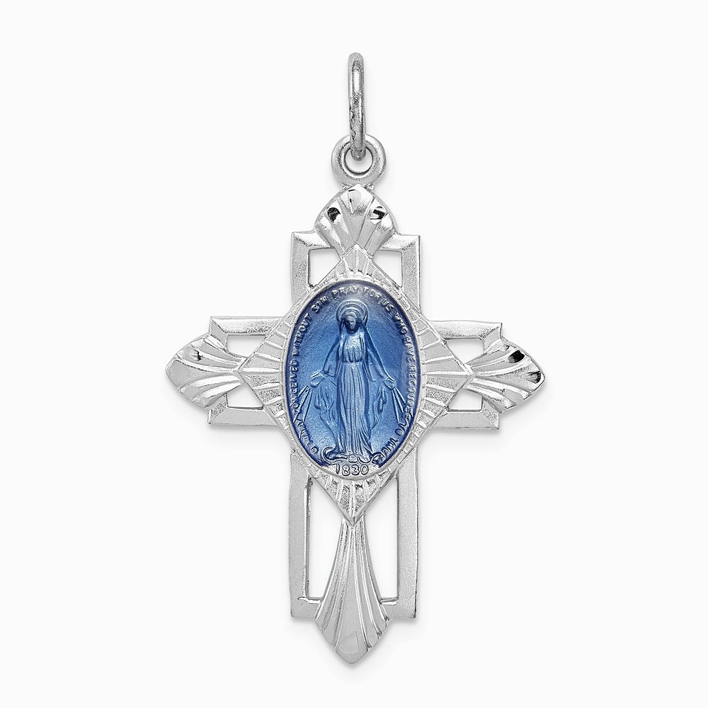 Sterling Silver Platinum-plated Miraculous Medal Cross Pendant - Product Photo
