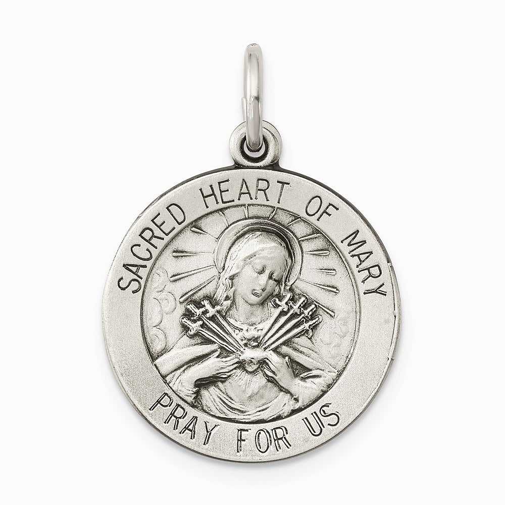 Sterling Silver Antiqued Sacred Heart of Mary Medal - Product Photo