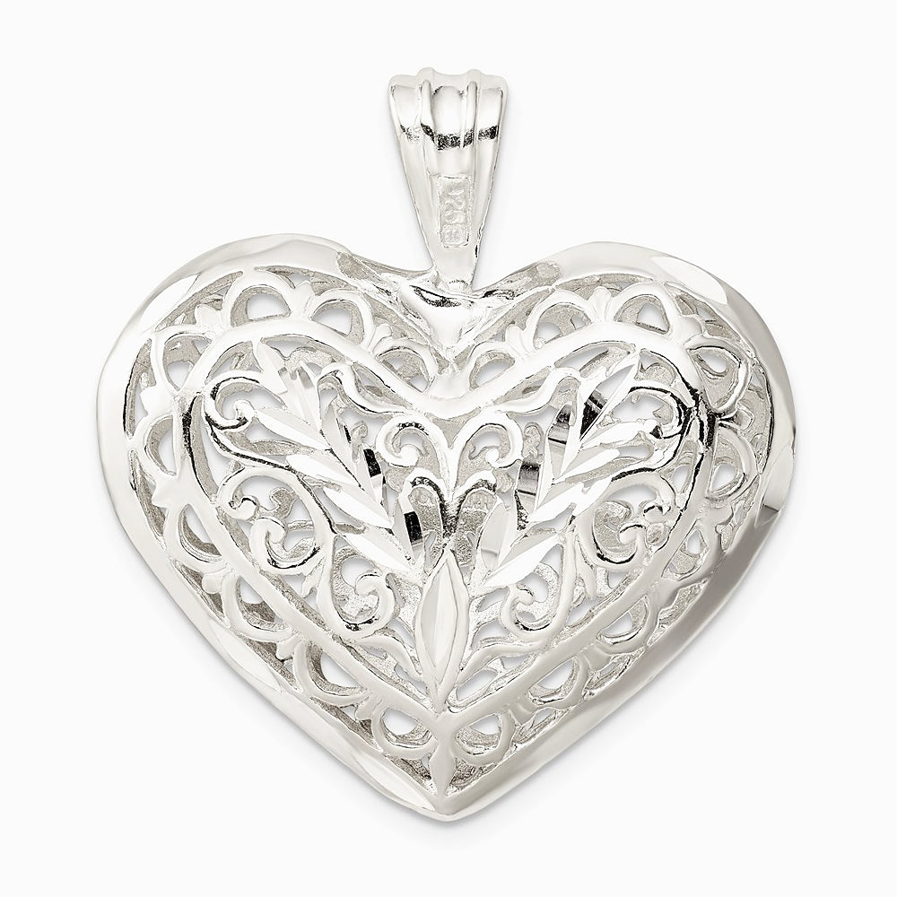 Sterling Silver Filigree Puffed Heart Pendant - Product Photo