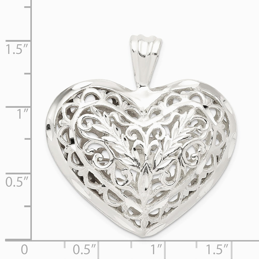 Sterling Silver Filigree Puffed Heart Pendant - Product Photo