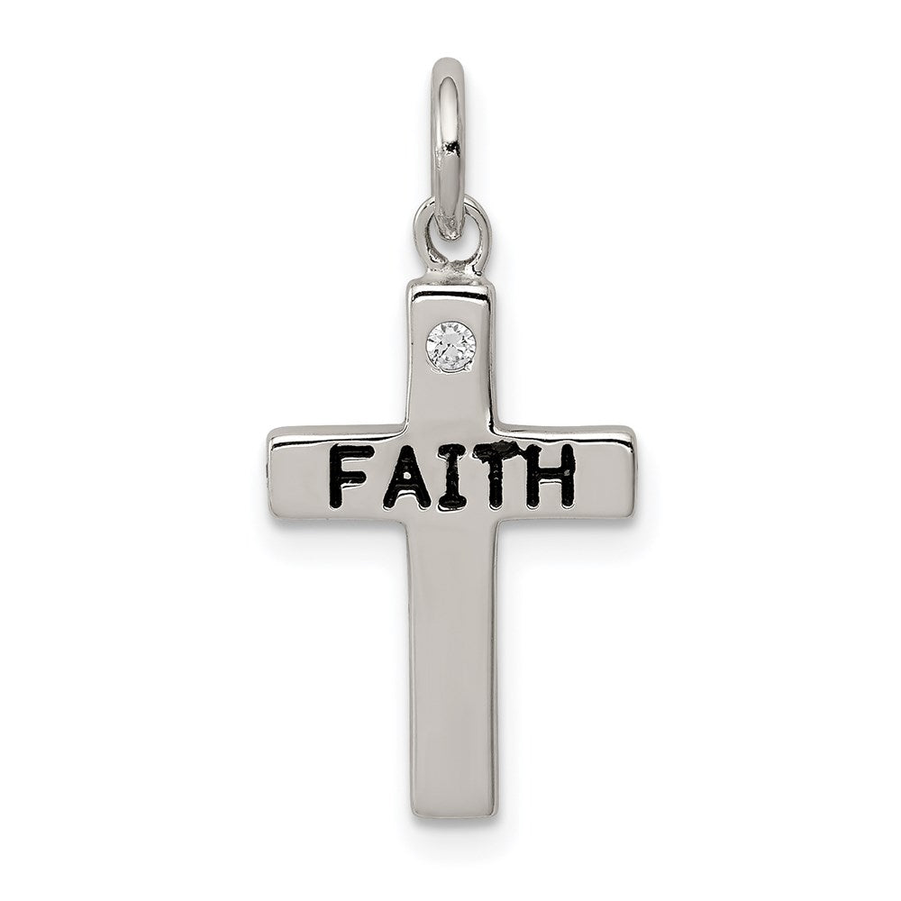 Sterling Silver Rhodium-plated Black Ink FAITH and CZ Antiqued Cross Charm - Product Photo