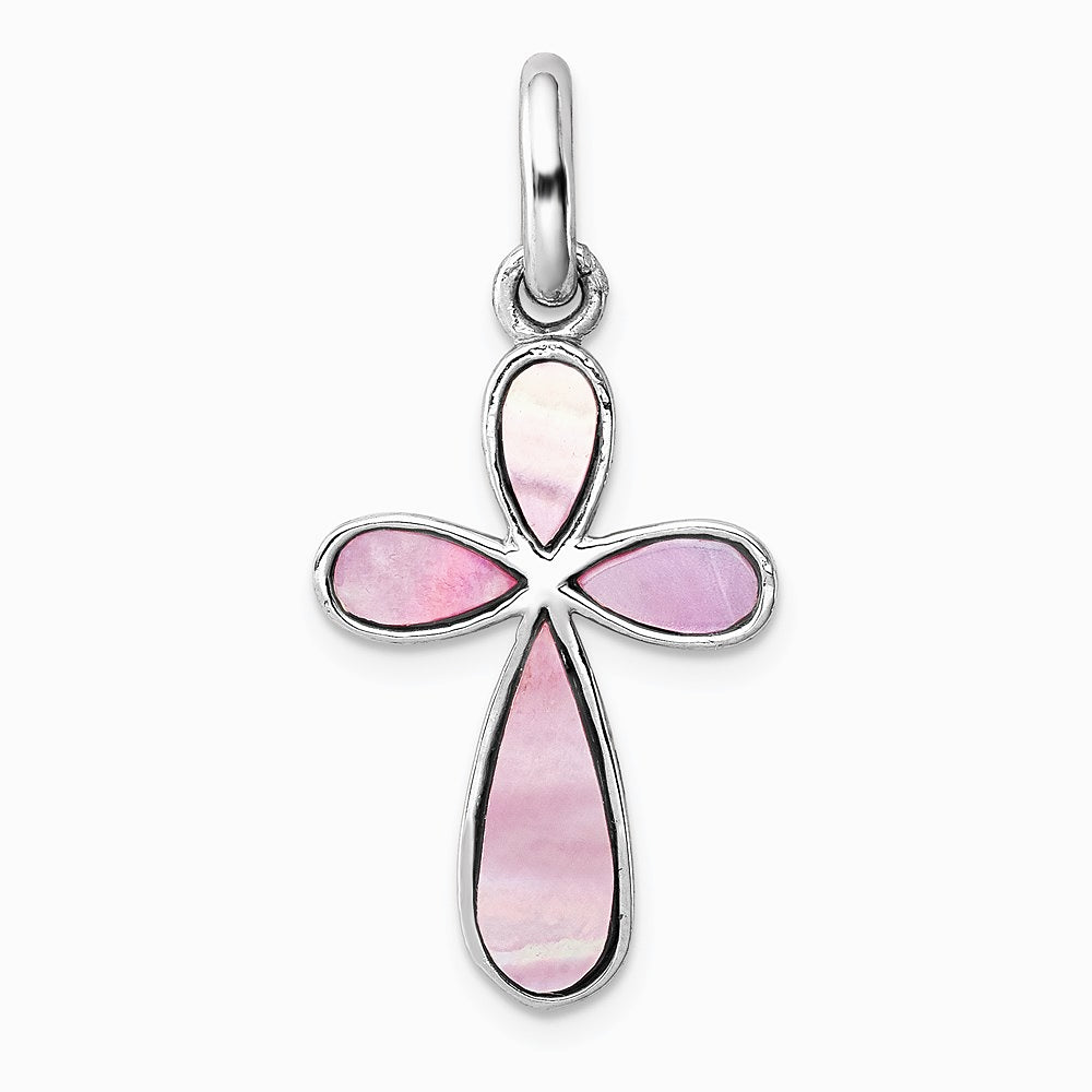 Sterling Silver Rhodium-platedPink Mother of Pearl Cross Pendant