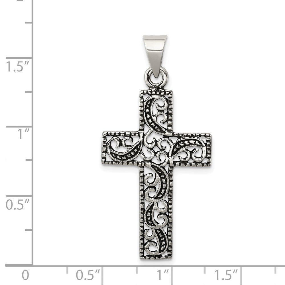 Sterling Silver Antiqued Scroll Cross Pendant - Product Photo