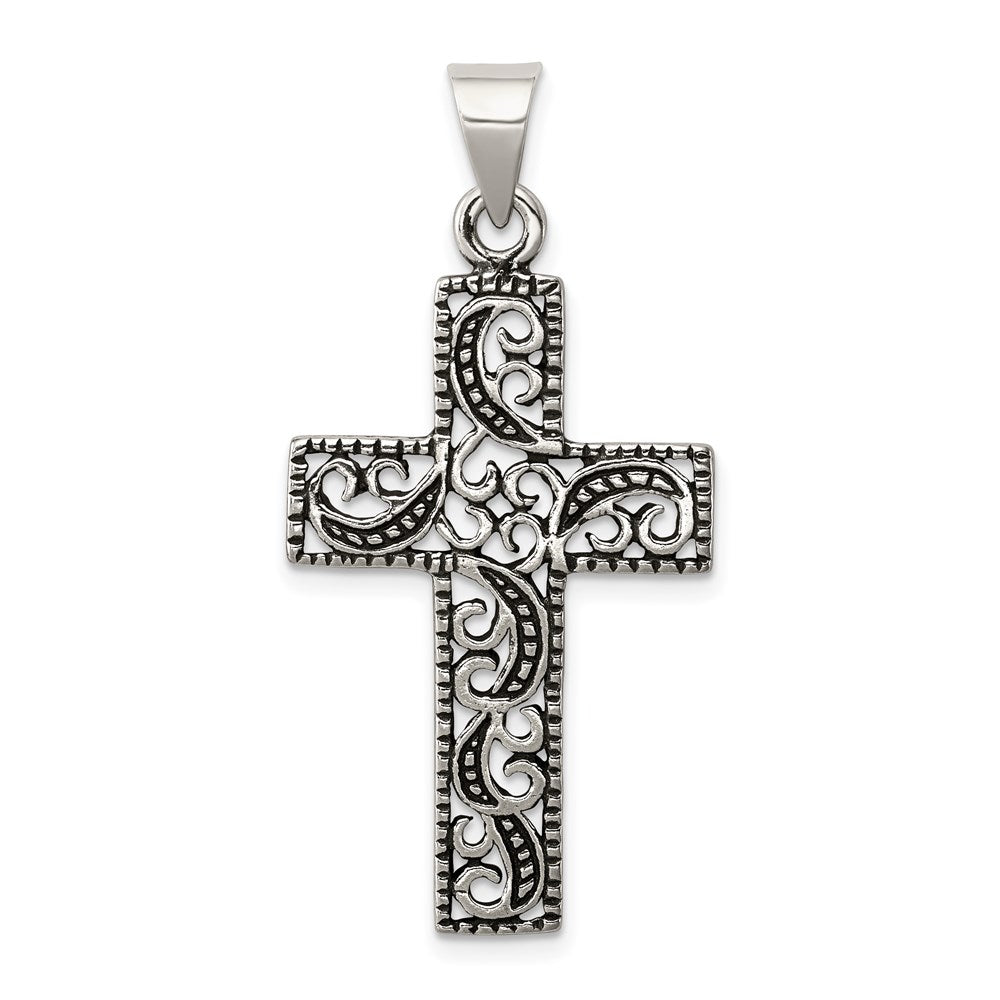 Sterling Silver Antiqued Scroll Cross Pendant - Product Photo