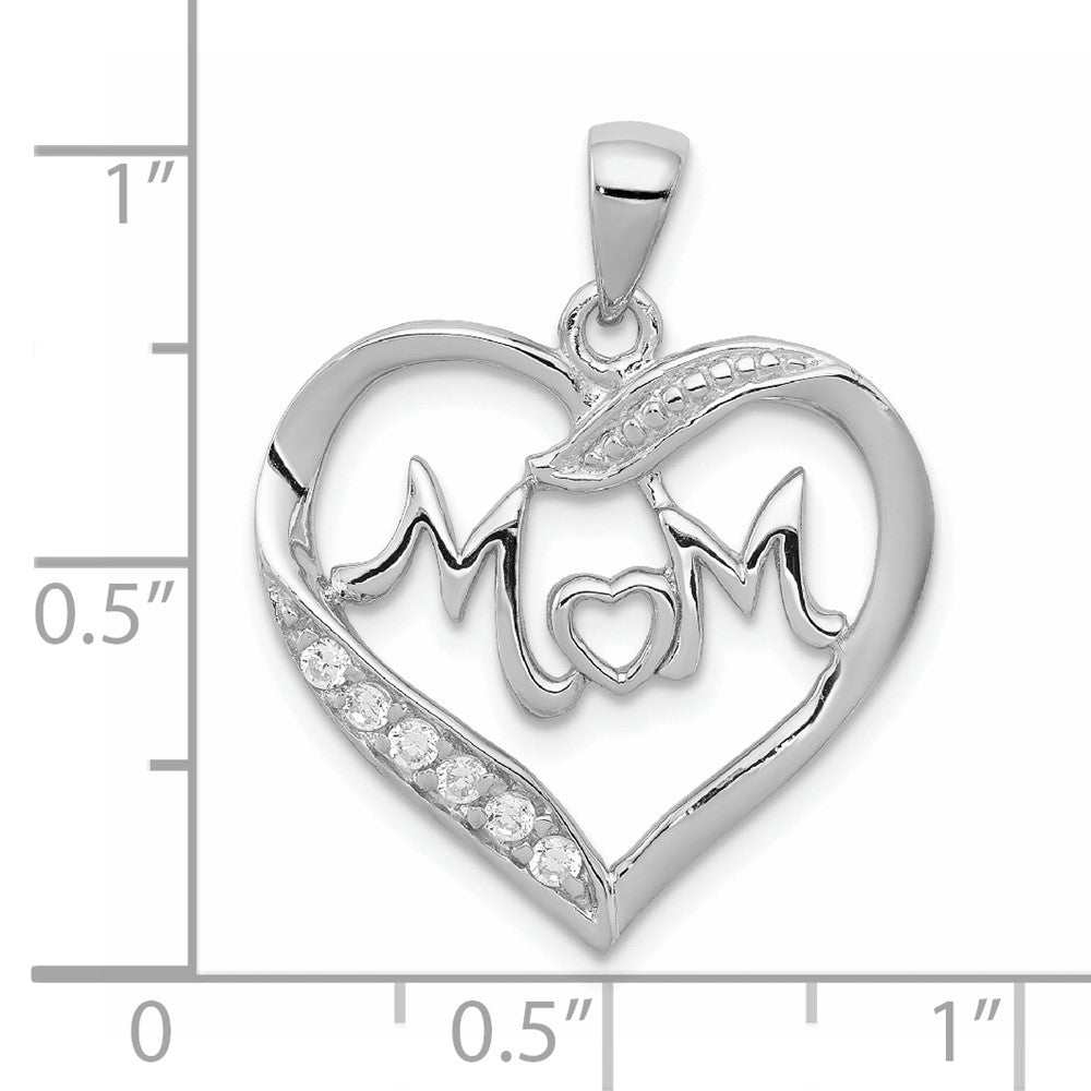 Sterling Silver Rhodium-plated MOM CZ Heart Pendant - Product Photo