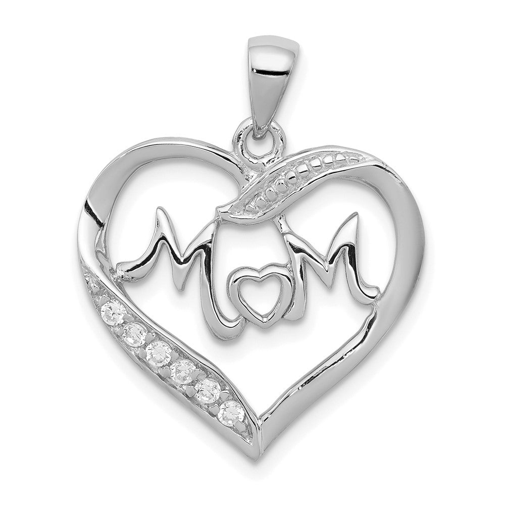 Sterling Silver Rhodium-plated MOM CZ Heart Pendant - Product Photo