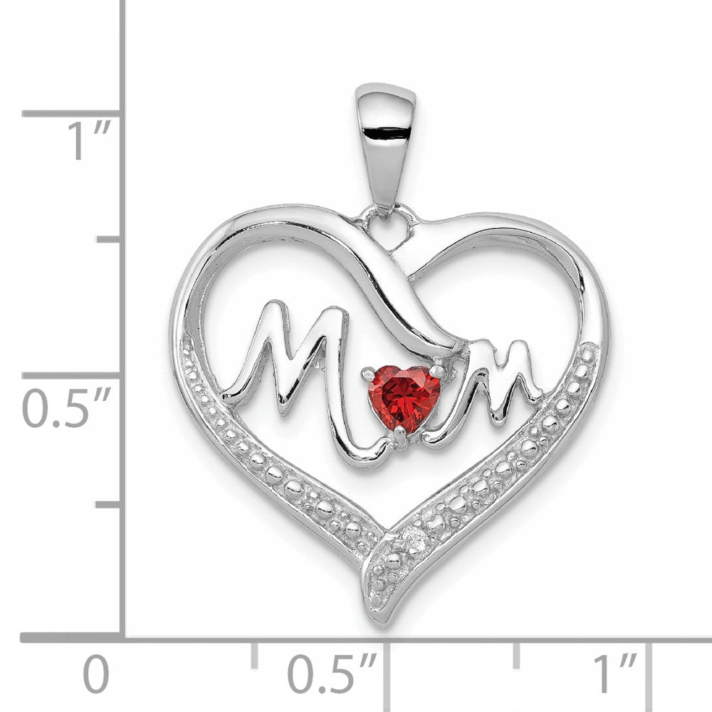 Sterling Silver Rhodium-Plated Red CZ Heart & White CZ Mom Heart Pendant - Product Photo