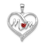 Sterling Silver Rhodium-Plated Red CZ Heart & White CZ Mom Heart Pendant - Product Photo