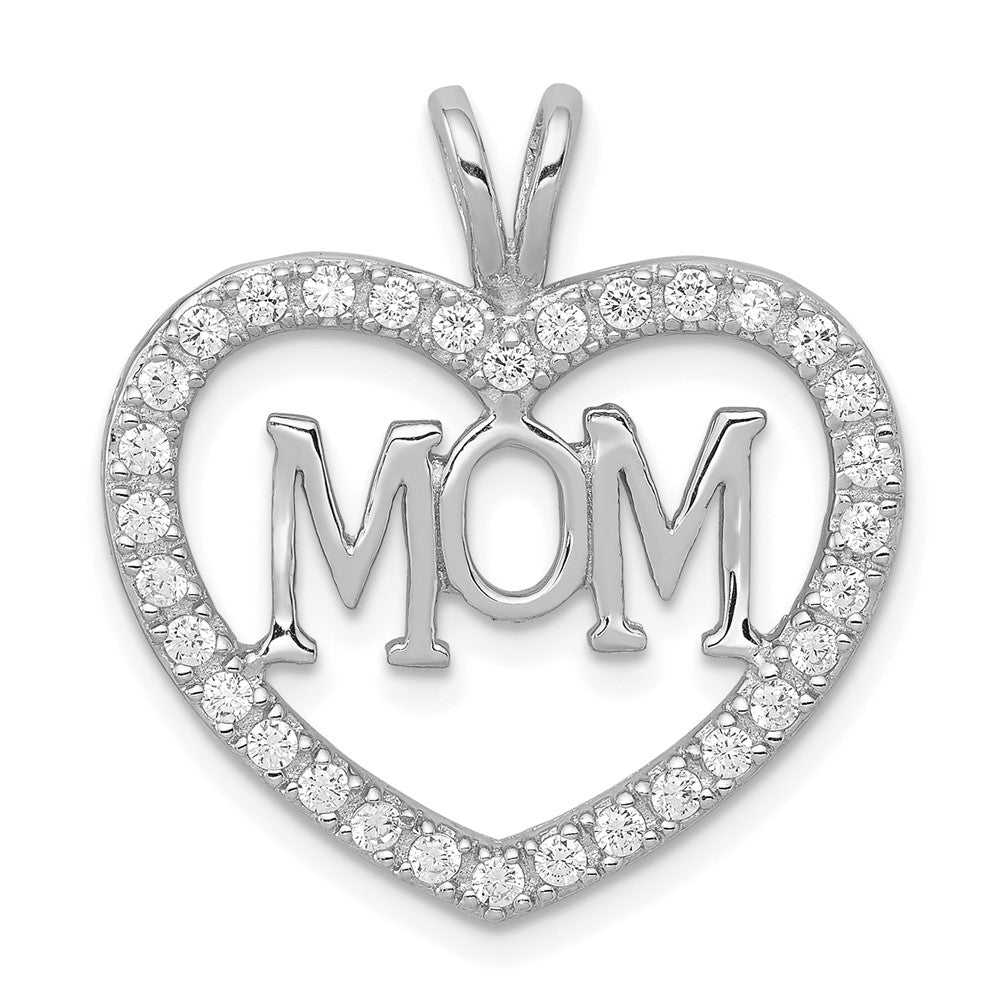 Sterling Silver Rhodium-plated CZ Open Heart MOM Pendant - Product Photo