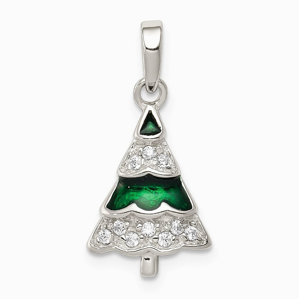 Sterling Silver Rhodium-plated CZ and Enameled Christmas Tree Pendant - Product Photo