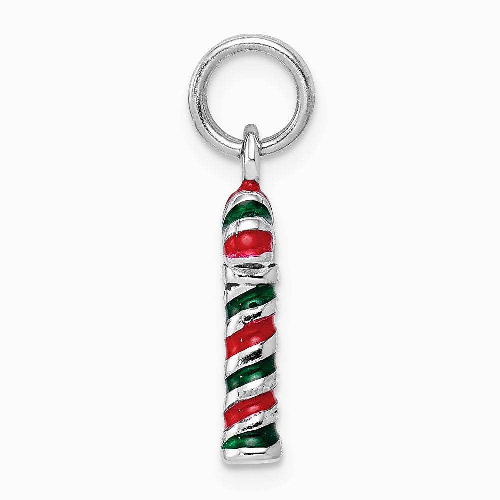 Sterling Silver Rhodium-plated Enamel Candy Cane Charm - Product Photo