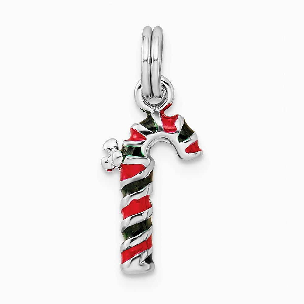 Sterling Silver Rhodium-plated Enamel Candy Cane Charm - Product Photo