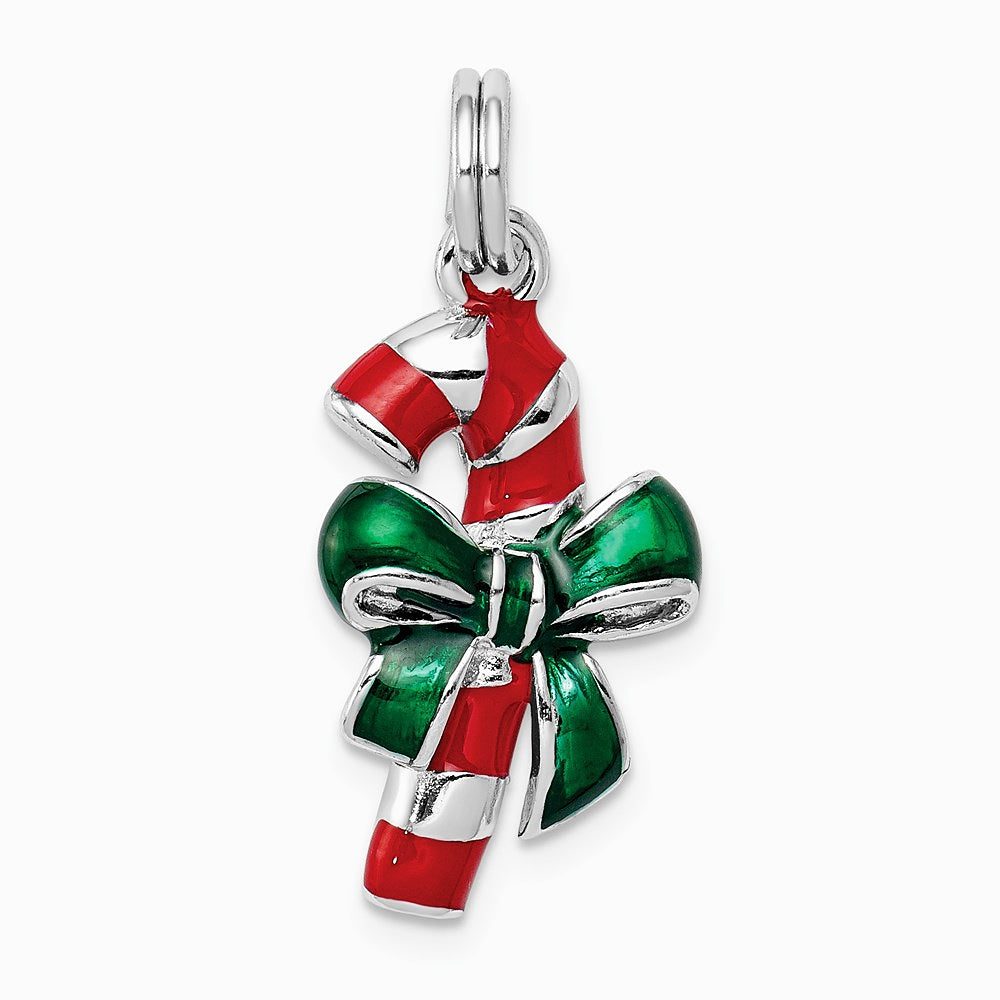 Sterling Silver Rhodium-platedEnamel Candy Cane Charm
