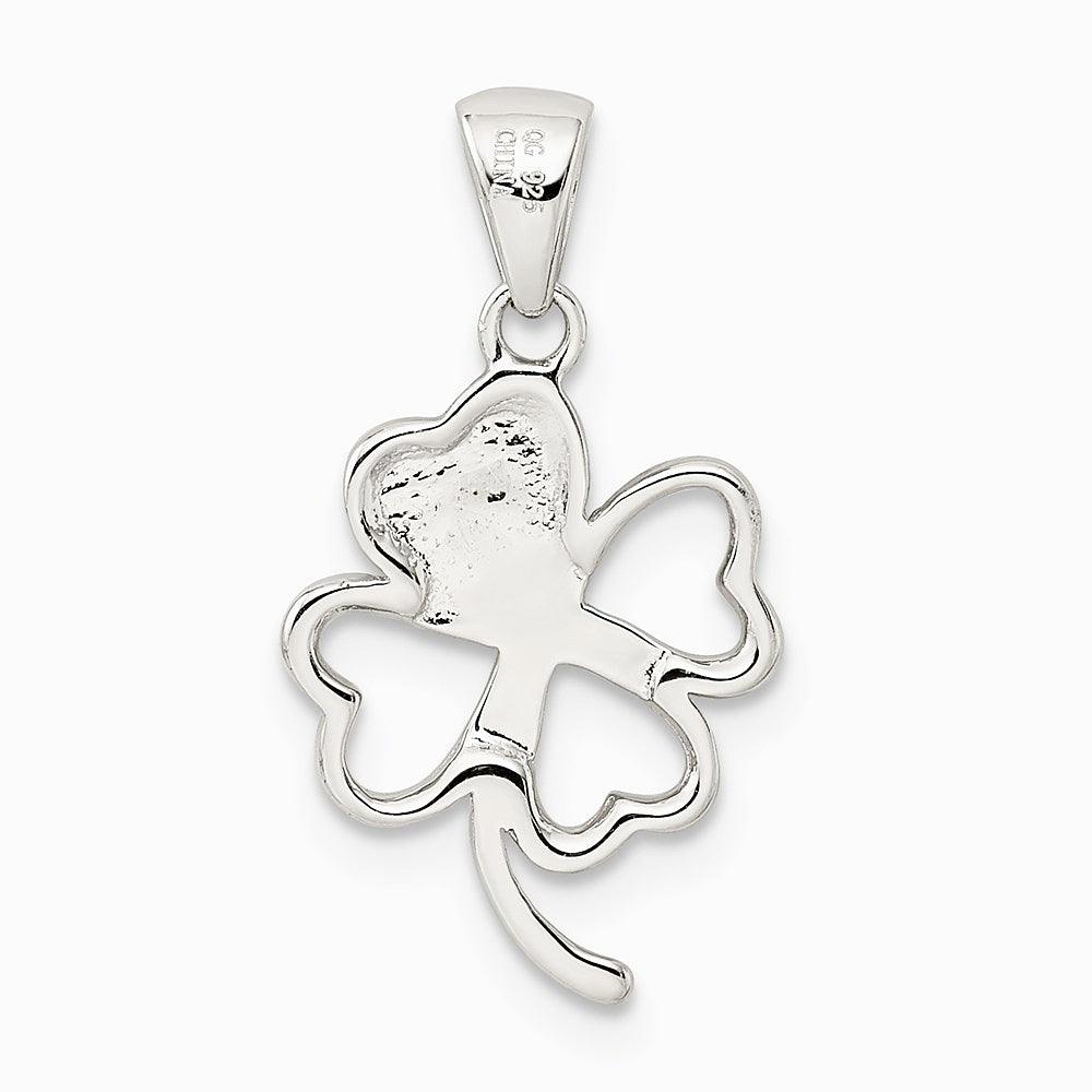 Sterling Silver Rhodium-plated Green Enameled Four Leaf Clover Pendant - Product Photo