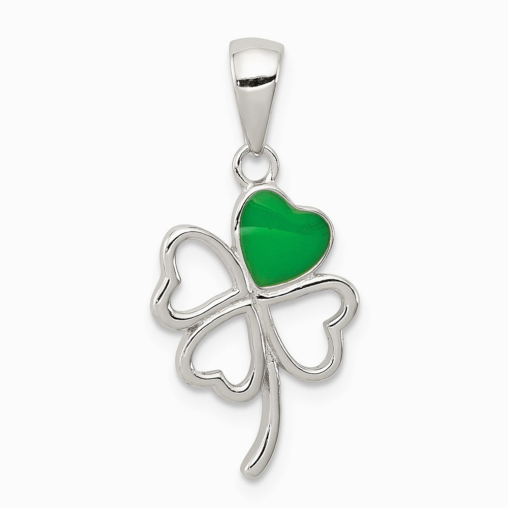 Sterling Silver Rhodium-plated Green Enameled Four Leaf Clover Pendant