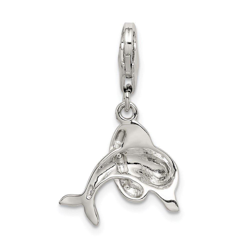 Sterling Silver Rhodium-plated Enameled Dolphin with Lobster Clasp Charm - Product Photo