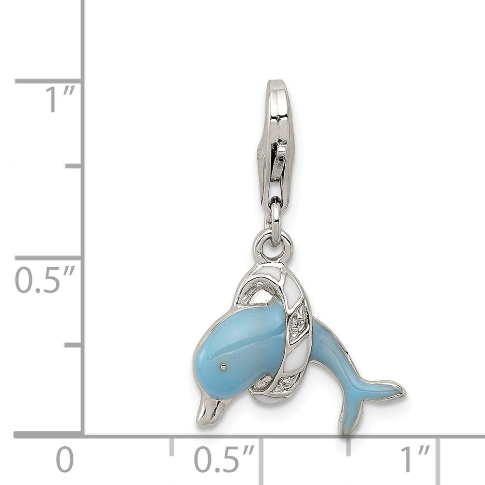 Sterling Silver Rhodium-plated Enameled Dolphin with Lobster Clasp Charm - Product Photo