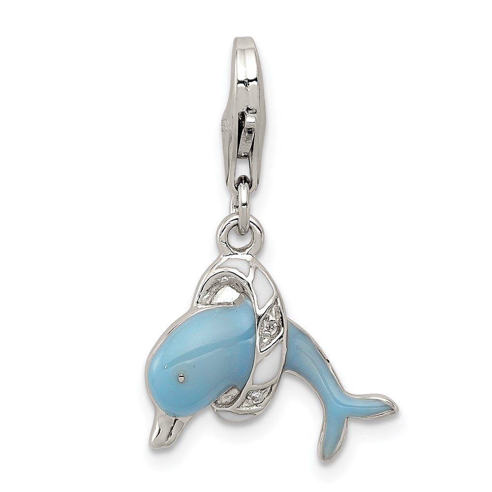 Sterling Silver Rhodium-plated Enameled Dolphin with Lobster Clasp Charm - Product Photo