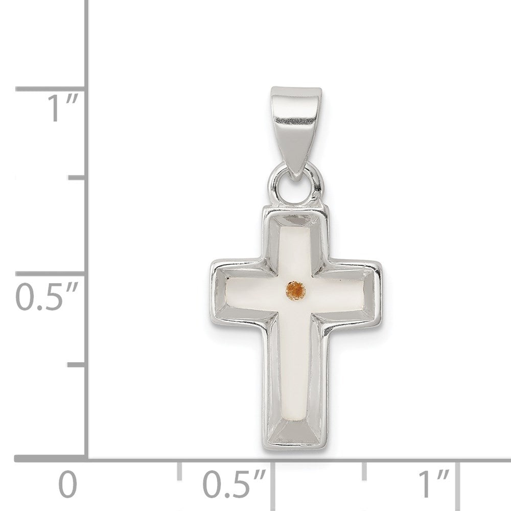 Sterling Silver Rhodium-plated Enameled Mustard Seed Cross Pendant - Product Photo