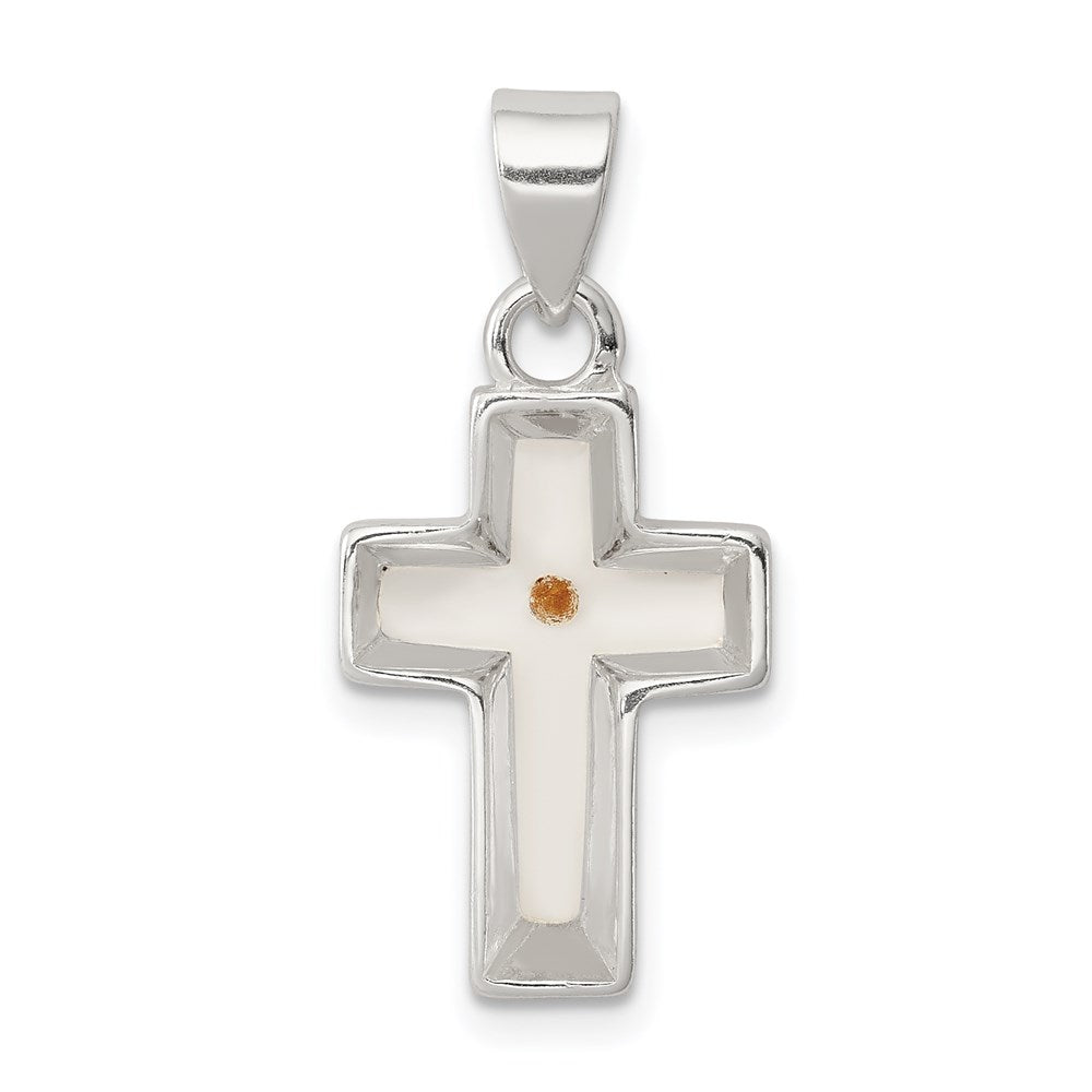 Sterling Silver Rhodium-plated Enameled Mustard Seed Cross Pendant - Product Photo