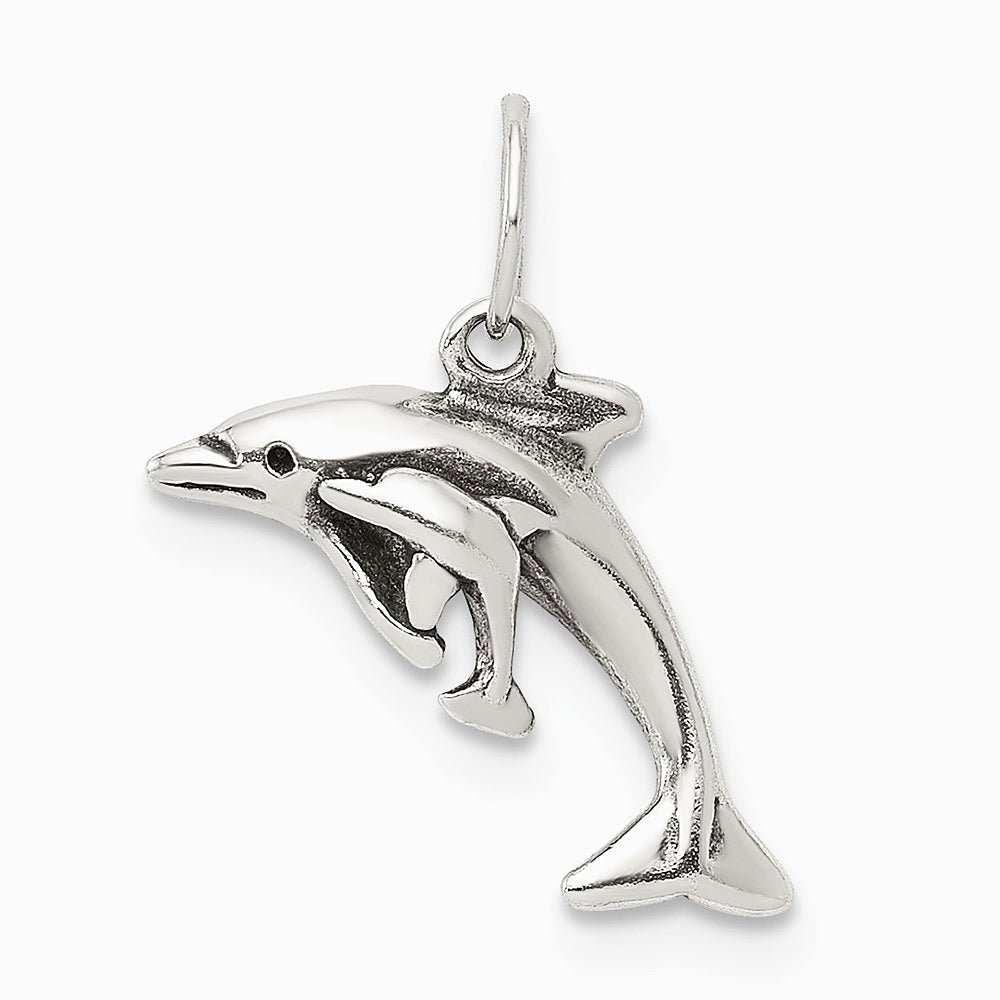 Sterling Silver Antiqued Dolphin with Baby Charm