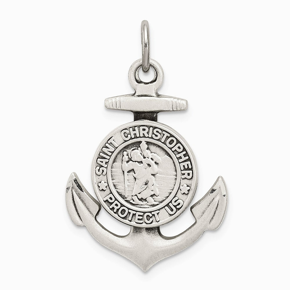 Sterling Silver Antiqued Satin St Christopher Anchor Medal Pendant - Product Photo