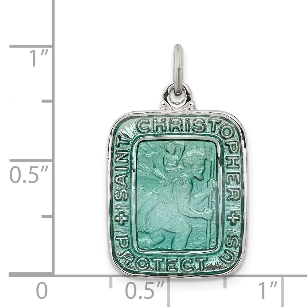 Sterling Silver Teal Enamel Square St. Christopher Medal Pendant - Product Photo