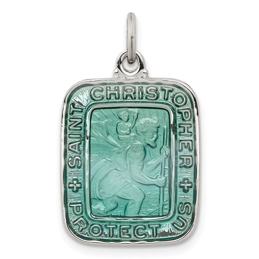 Sterling Silver Teal Enamel Square St. Christopher Medal Pendant - Product Photo