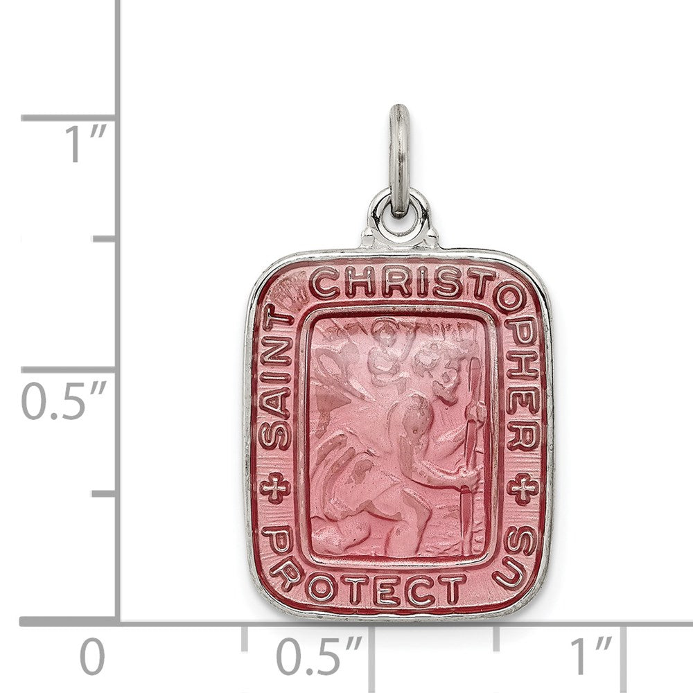 Sterling Silver Pink Enamel Square St. Christopher Medal Pendant - Product Photo