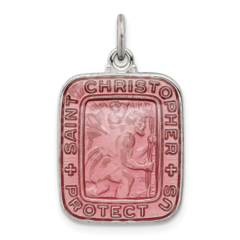 Sterling Silver Pink Enamel Square St. Christopher Medal Pendant - Product Photo
