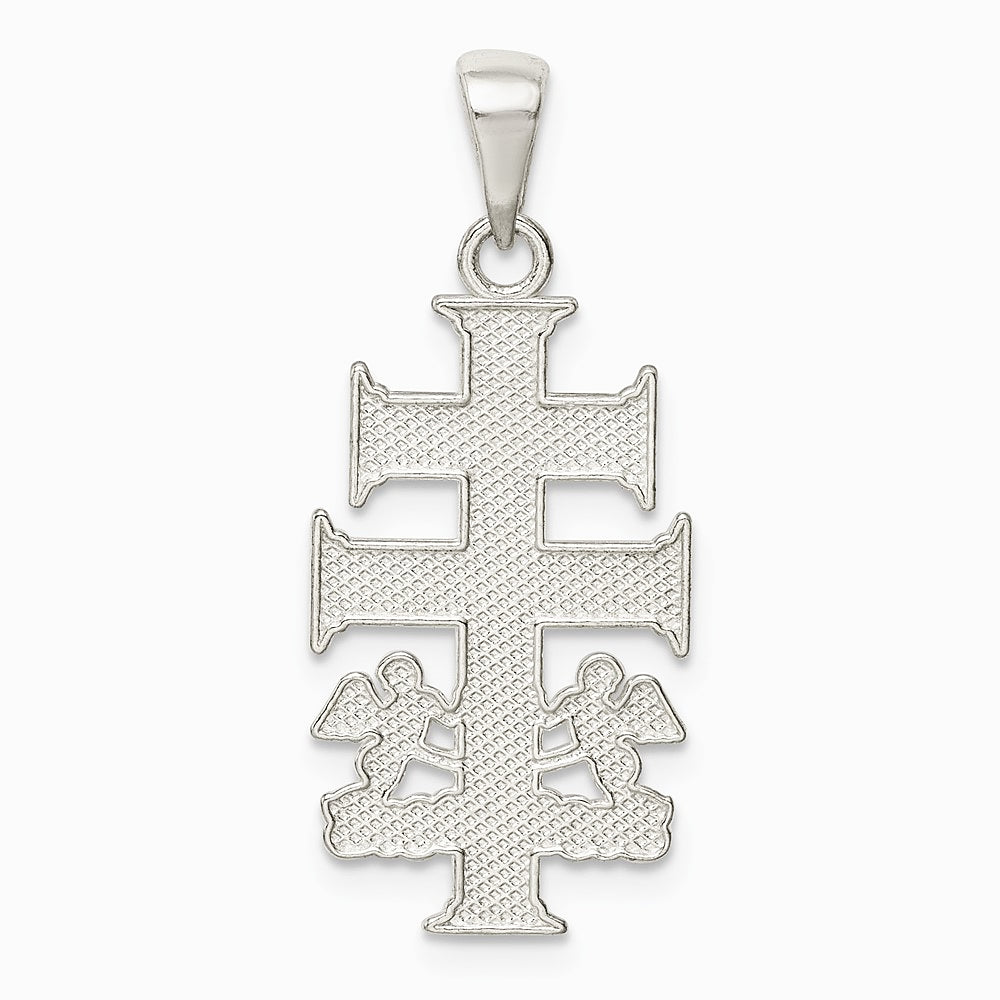 Sterling Silver Polished Caravaca Double Cross with Angels Crucifix Pendant