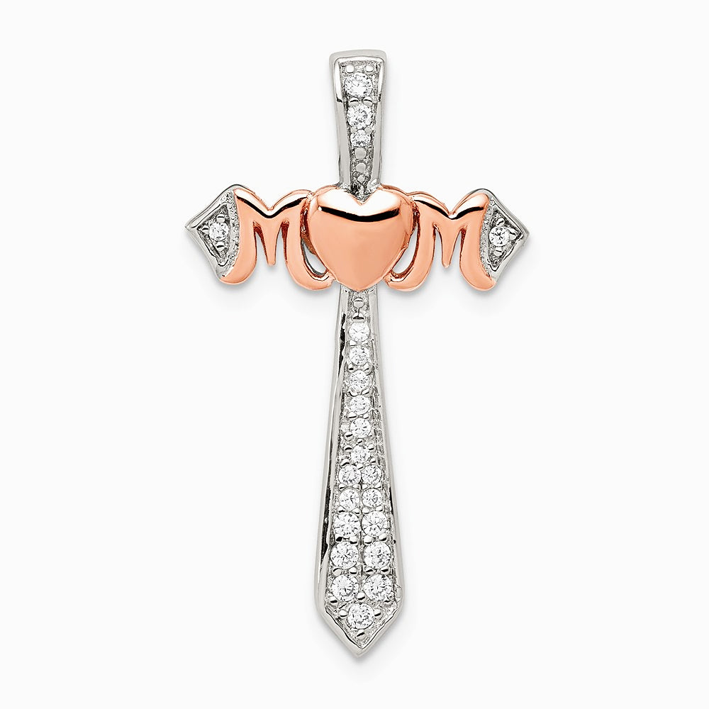 Sterling Silver Polished Rhodium & Rose Gold-plated Mom CZ Cross Pendant